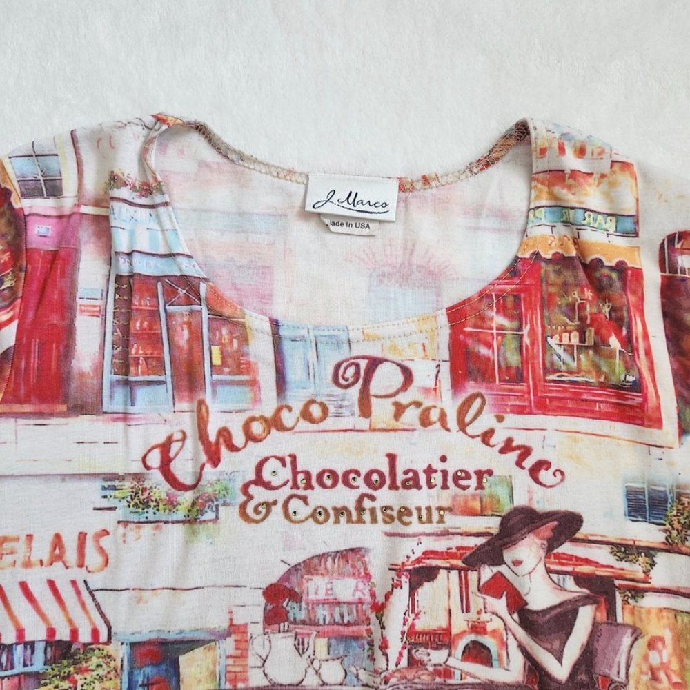 Vintage 90s French Art Print Top Large Paris Cafe J Marco Cyber Rhinestones Y2K - Picture 6 of 16